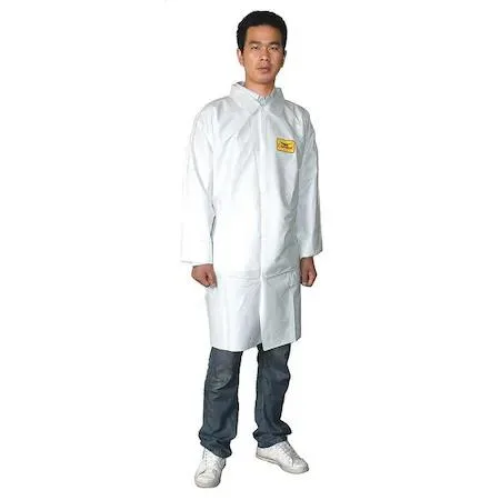 White disposable lab coat with Mandarin collar and snap closure