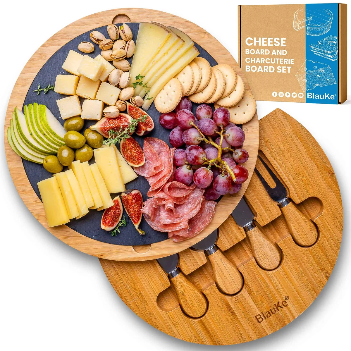BlauKe BlauKe 12 inch Round Bamboo Cheese Board with Knife Set and Slate — product photo
