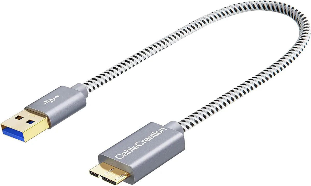 Short blue braided USB 3.0 A to Micro B cable with gold connectors, 1ft length