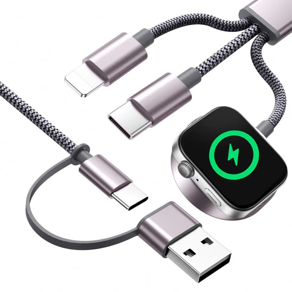 Gray 4ft multi charging cable with Apple Watch, Lightning and USB-C connectors