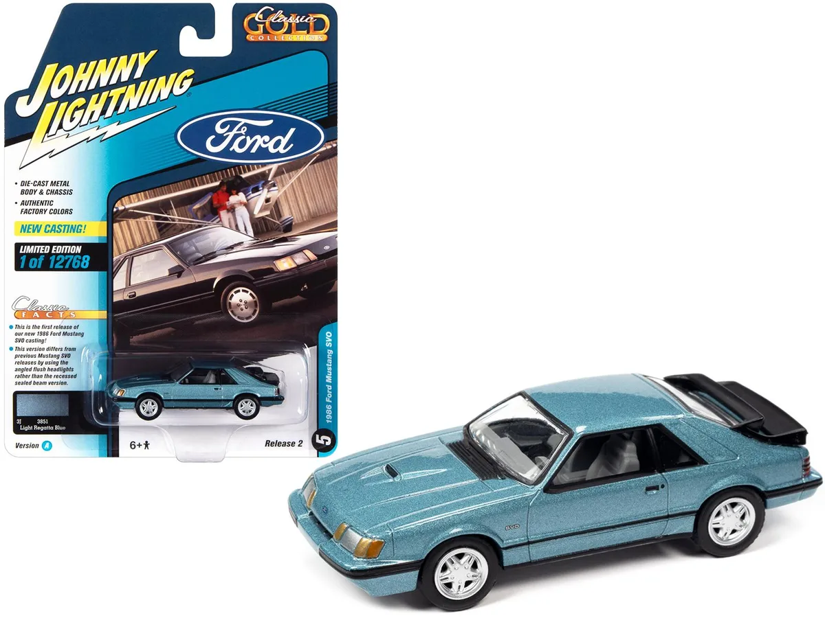 JOHNNY LIGHTNING JOHNNY LIGHTNING 1986 Ford Mustang SVO Light Regatta Blue Metallic 1/64 hobby collectible — product photo