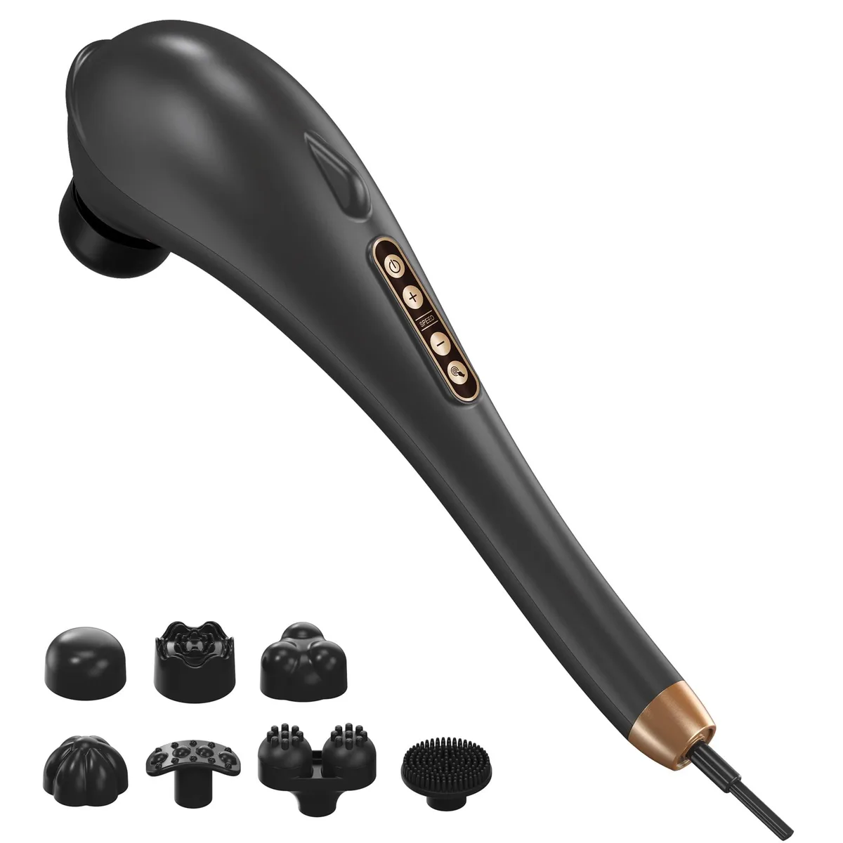 Grey handheld percussion massager with long handle and interchangeable heads