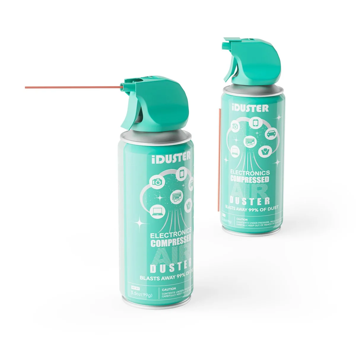 Two 3.5oz iDuster compressed air cans with extension tubes
