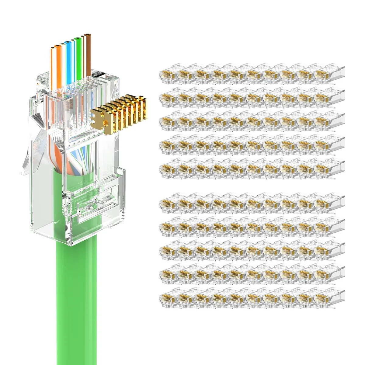 Box of 100 gold RJ45 Cat6 pass-through plugs