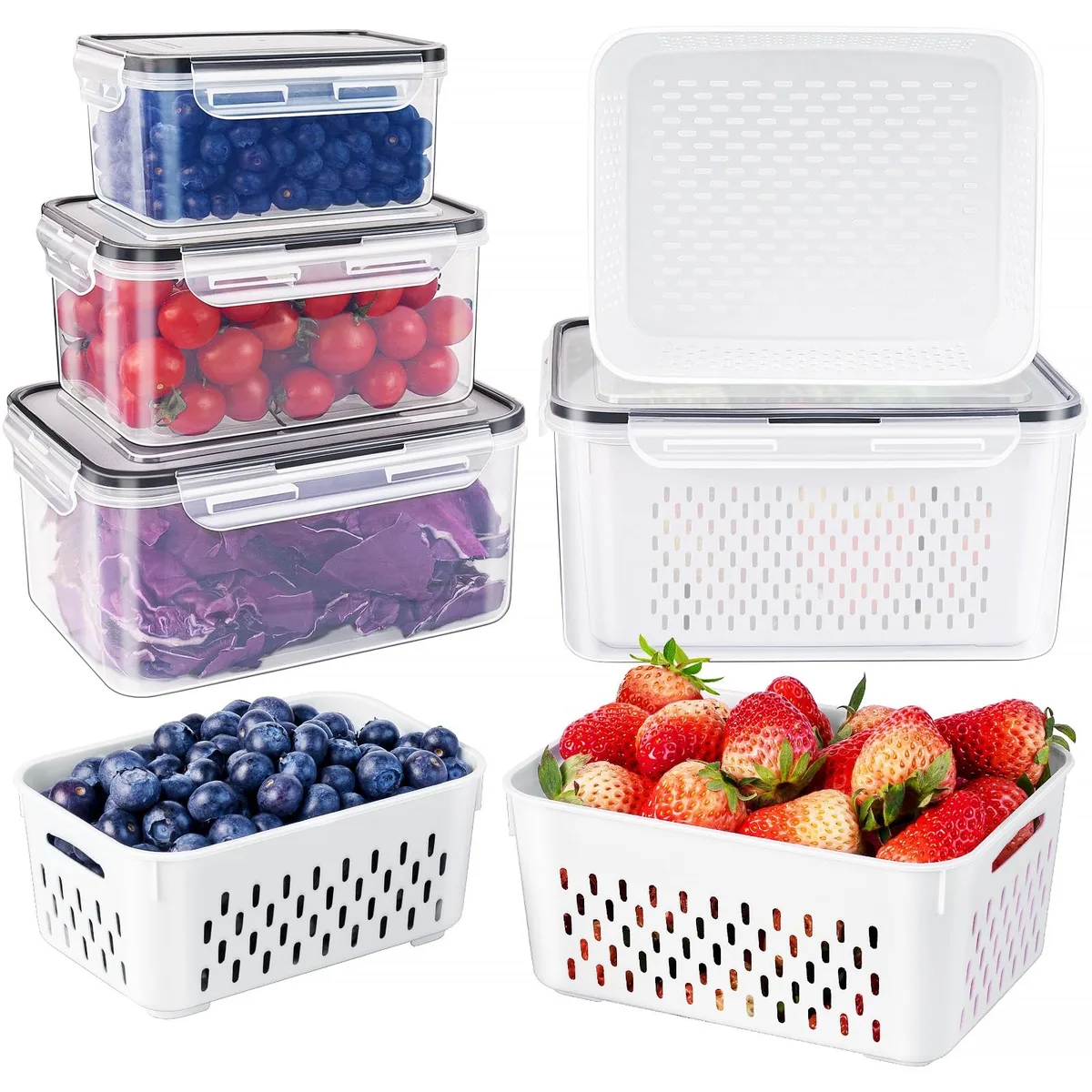 Four clear rectangular food storage containers with matching colanders stacked together