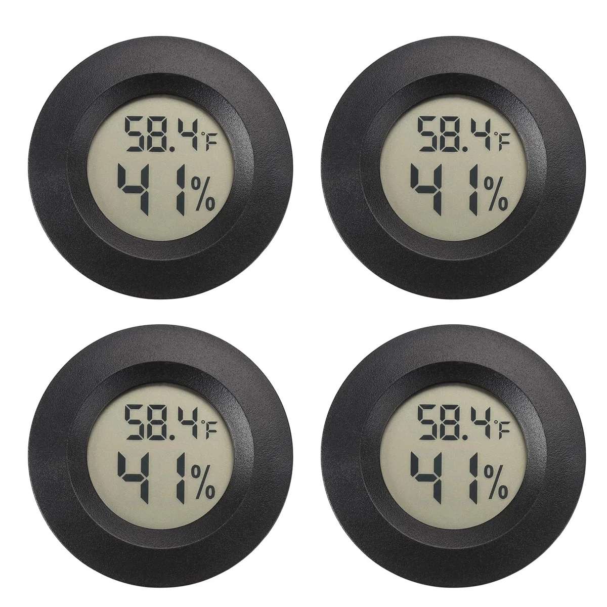 Four black rectangular digital hygrometer thermometers with LCD screens