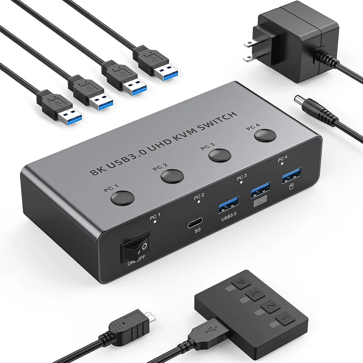 WRIARICH WRIARICH 4-Port HDMI 2.1 KVM Switch 8K@60Hz 3×USB 3.0 1×USB-C Wired Remote — product photo