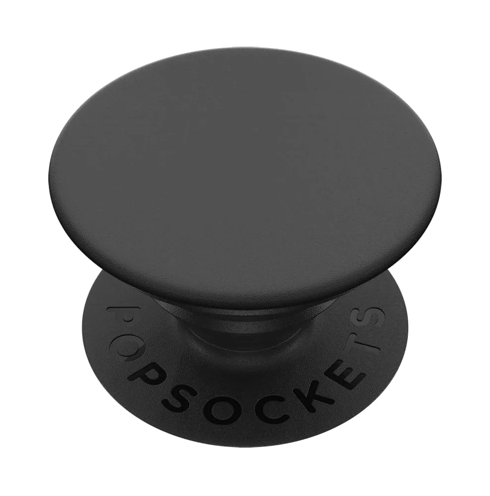 Black circular PopSocket grip with adhesive base, collapsed flat, 1.56 inch diameter