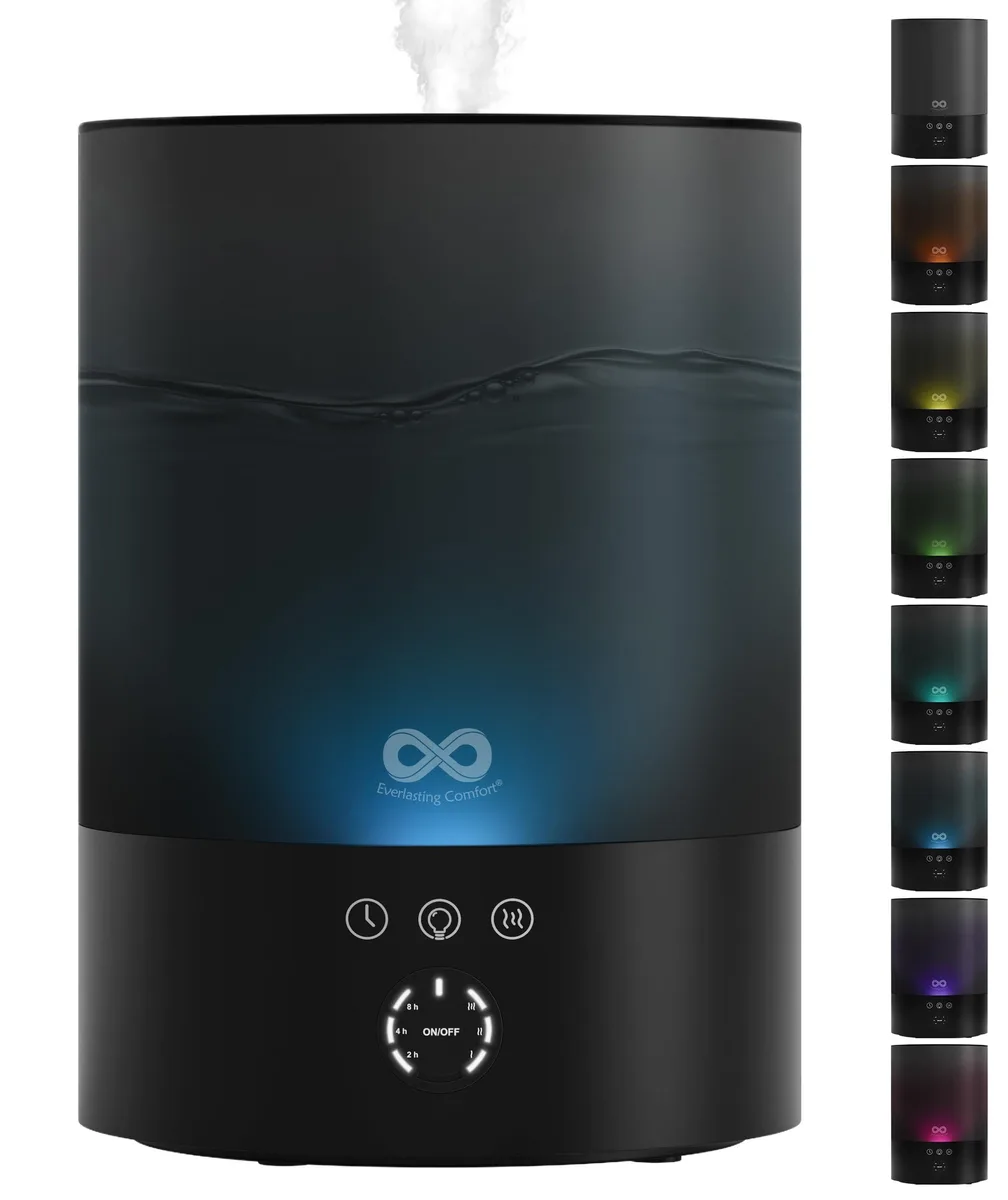 Black rectangular humidifier with white accents and top-fill tank