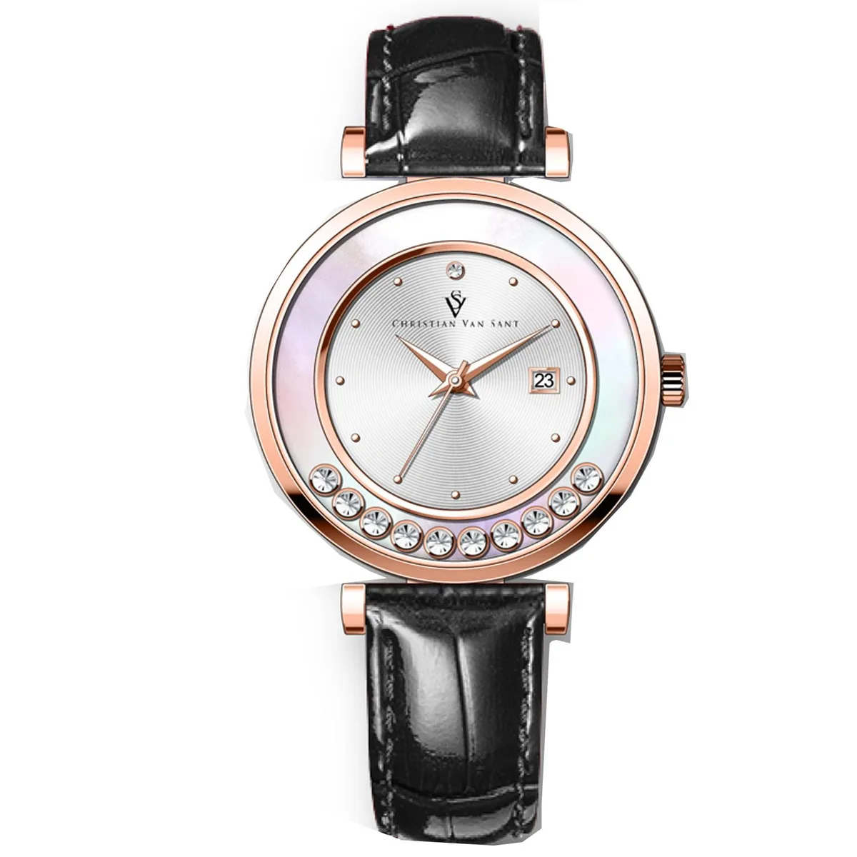 Silver dial wristwatch with stainless steel case and leather strap