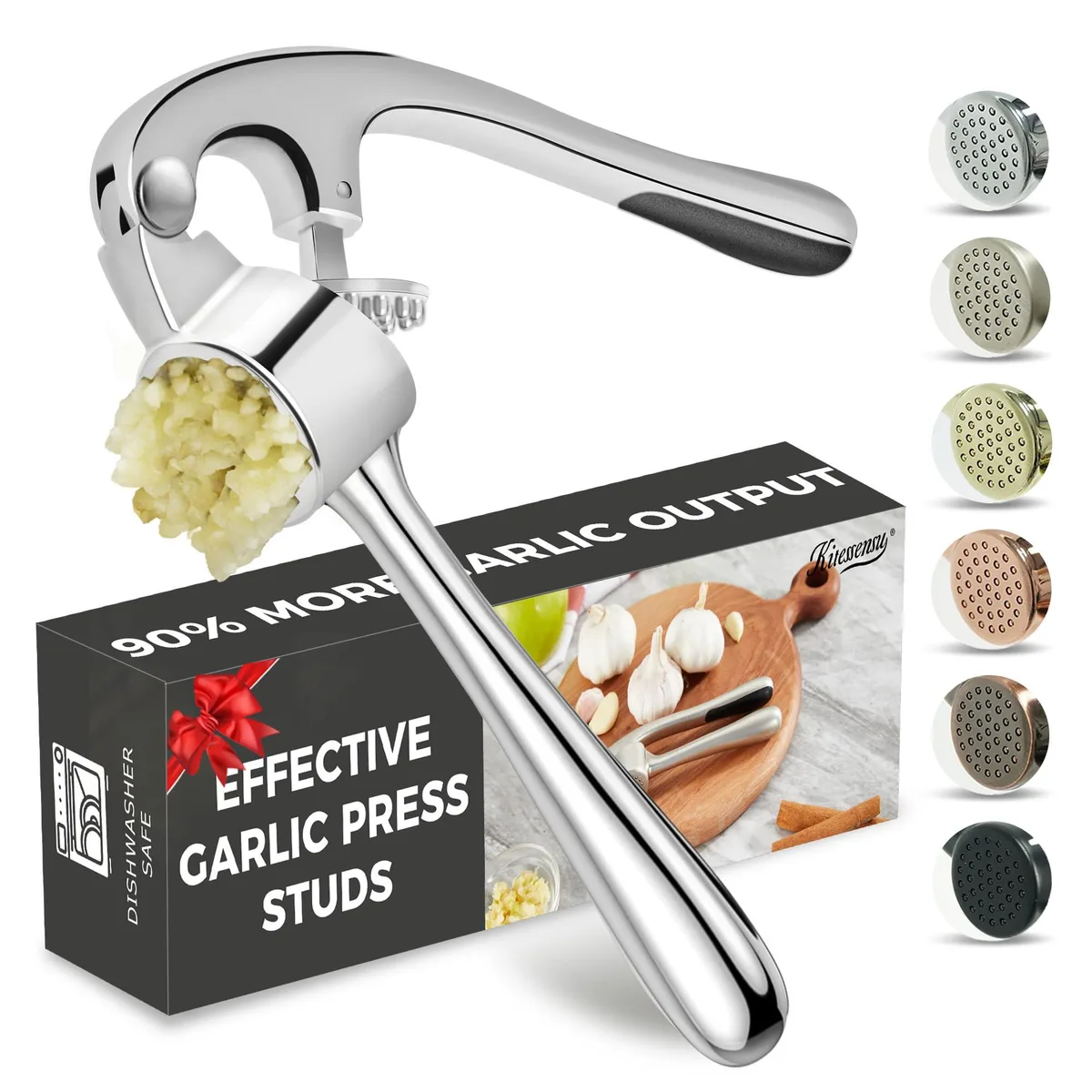 Silver zinc-alloy garlic press with perforated chamber and ergonomic handles