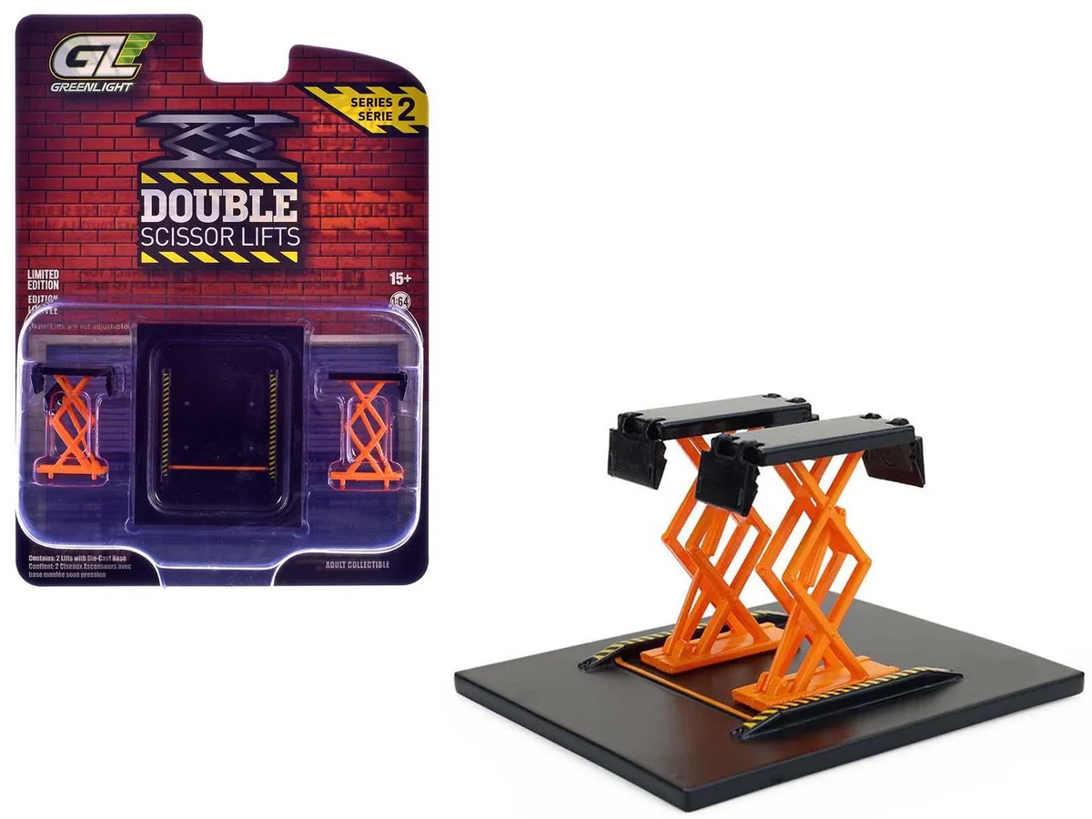 GREENLIGHT GREENLIGHT Automotive Double Scissor Lift Black and Orange Series 2 1/64 Diecast Model — product photo