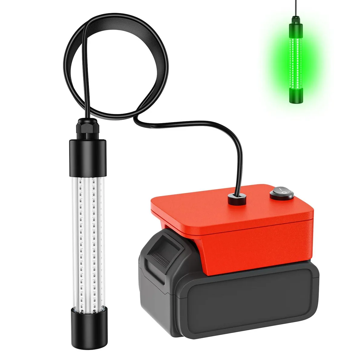 Black plastic underwater fishing light with green LED array, cylindrical body and integrated cord
