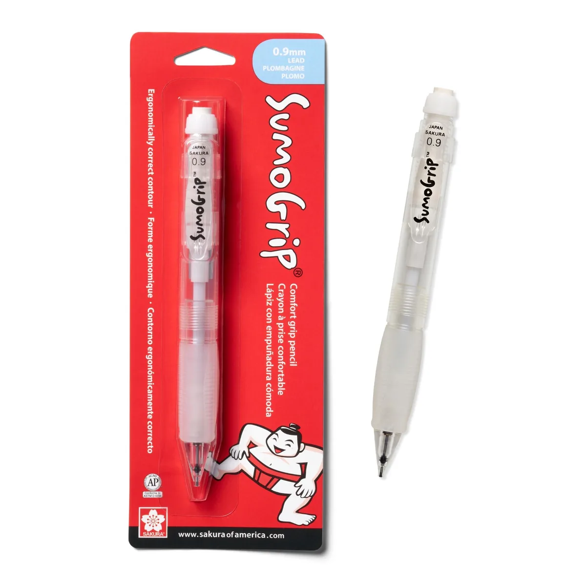 Clear triangular mechanical pencil with soft rubber grip and pocket clip