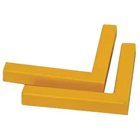 Two yellow powder-coated square tube corner connectors for safety rails