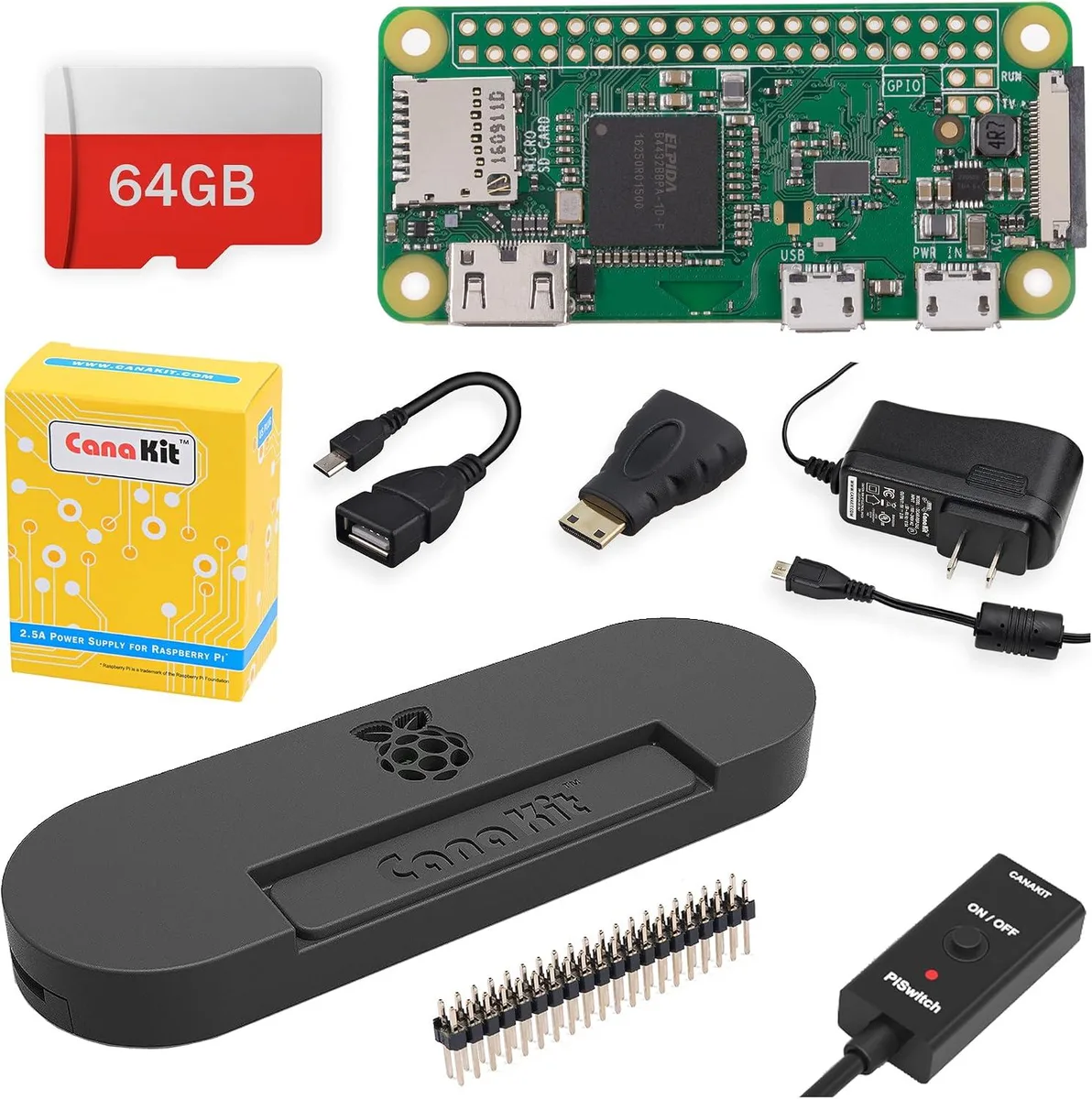 MCDODO Raspberry Pi Zero W kit with black glossy case 64GB card 2.5A power supply