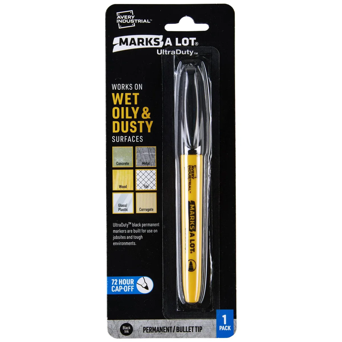 Single black industrial permanent marker with bullet tip and clip cap