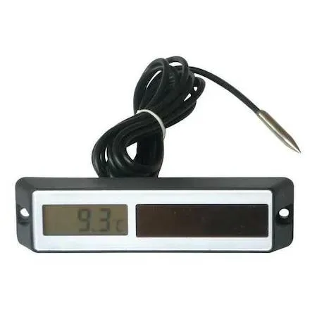 Digital panel thermometer, four-inch LCD display, grey plastic housing, three-foot sensor cable