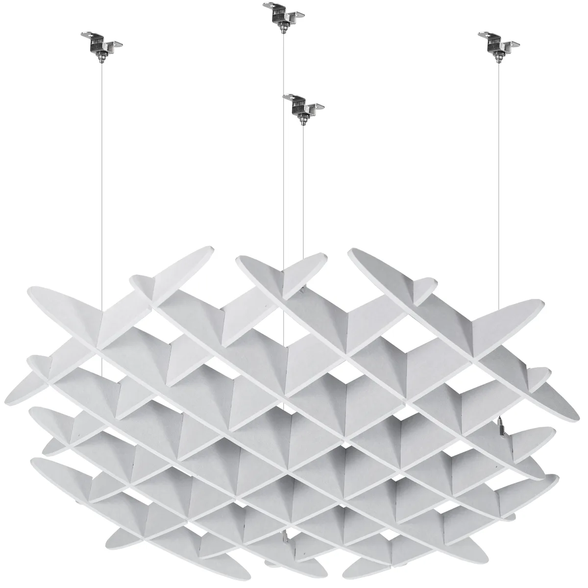 Light gray square acoustic panel with waffle texture, 45.7 by 45.7 by 5.1 inches, suspended by cables