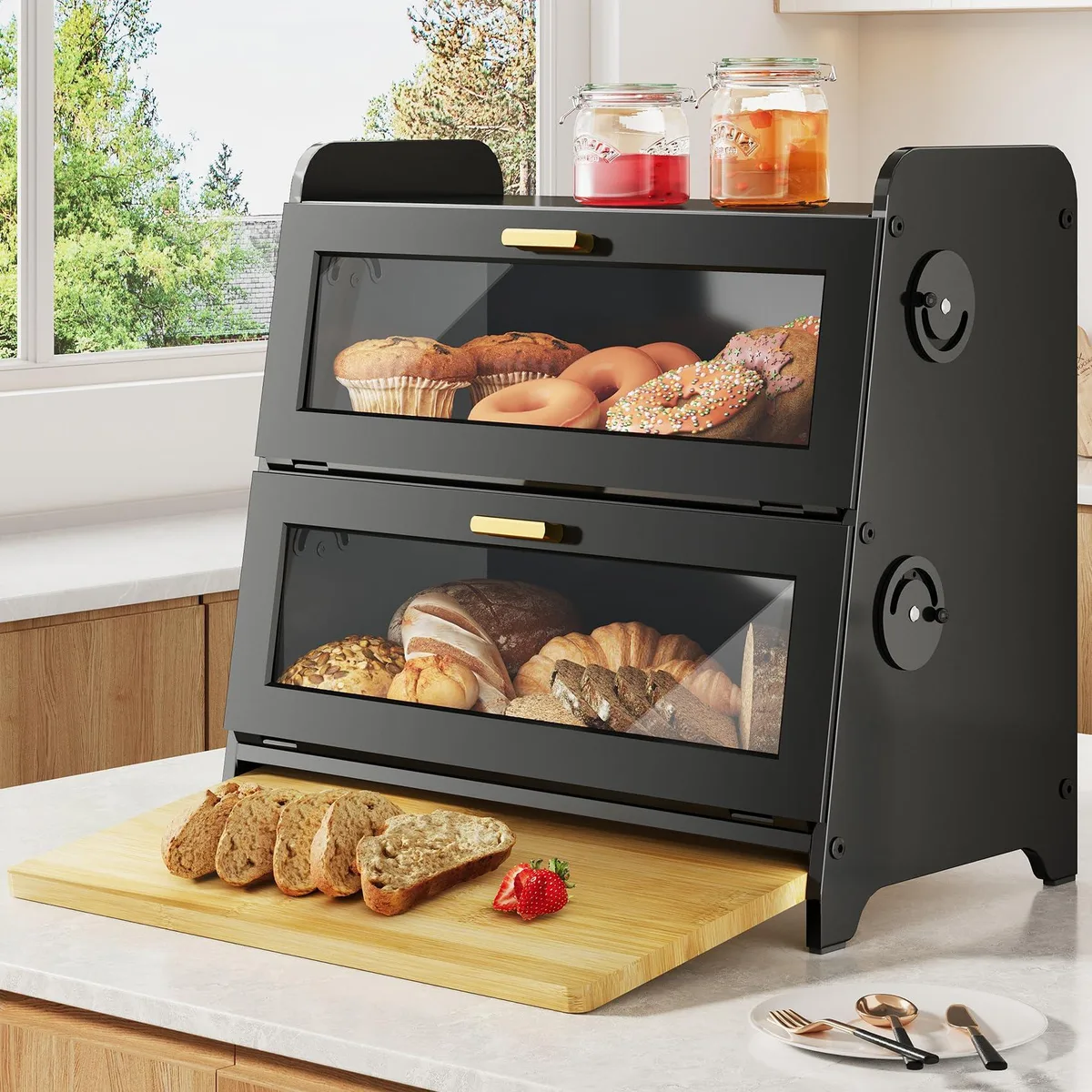 Rectangular black bread box with bamboo cutting board on top, magnetic door, adjustable vents