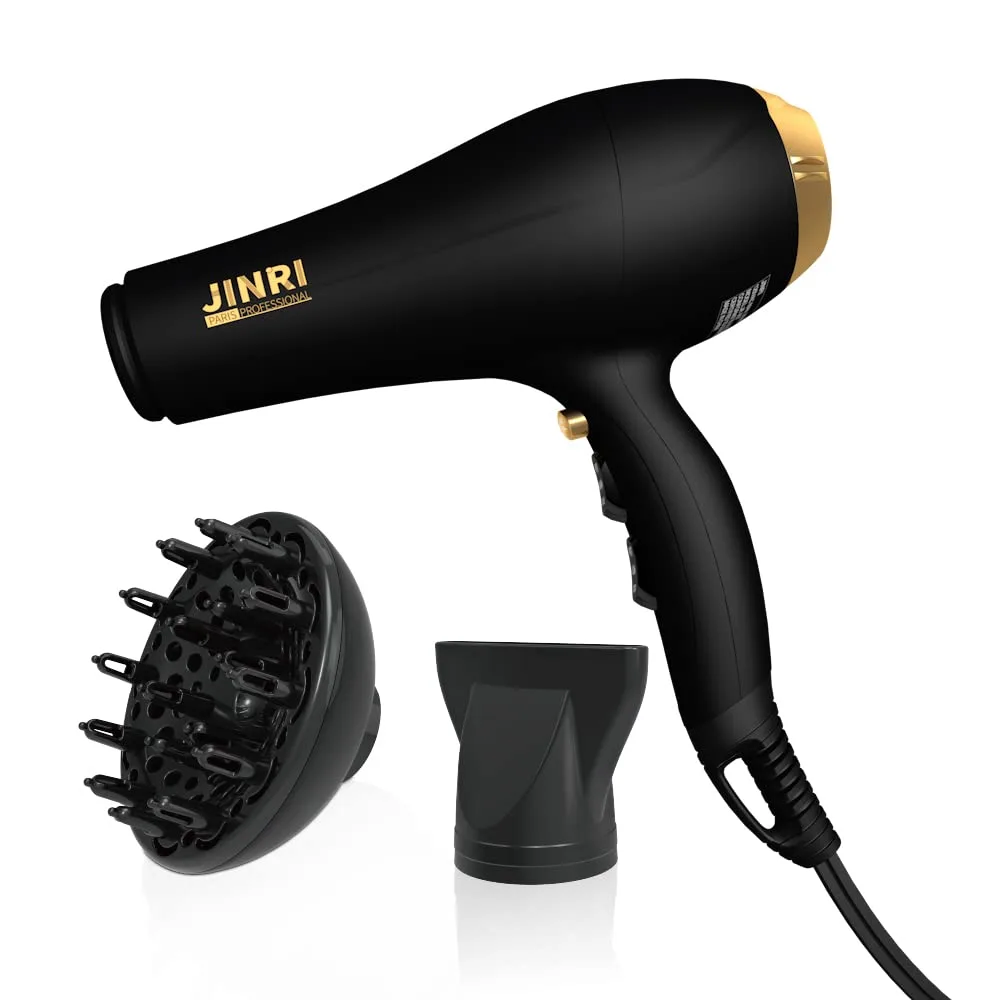 Black JINRI JR-907 hair dryer with concentrator and diffuser attachments