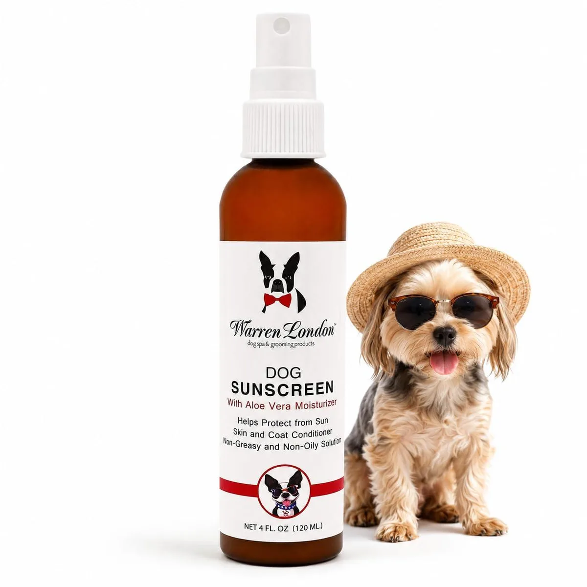 White 4 oz spray bottle with black cap and blue label text