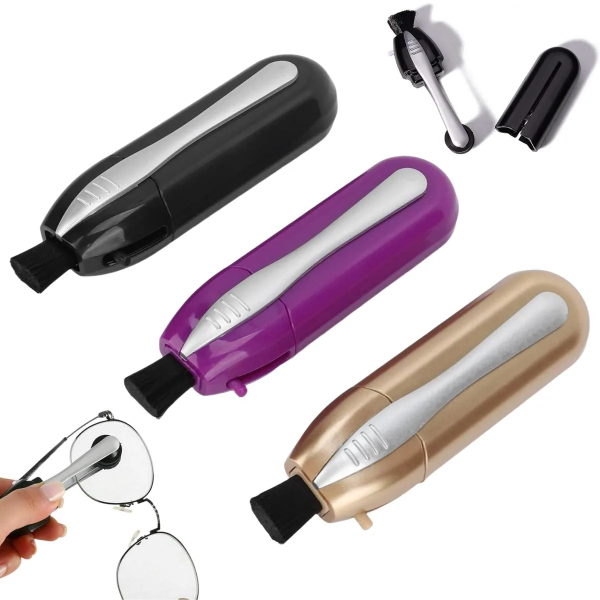 Three compact eyeglass cleaners with retractable brushes and carbon pads, each 95mm by 30mm