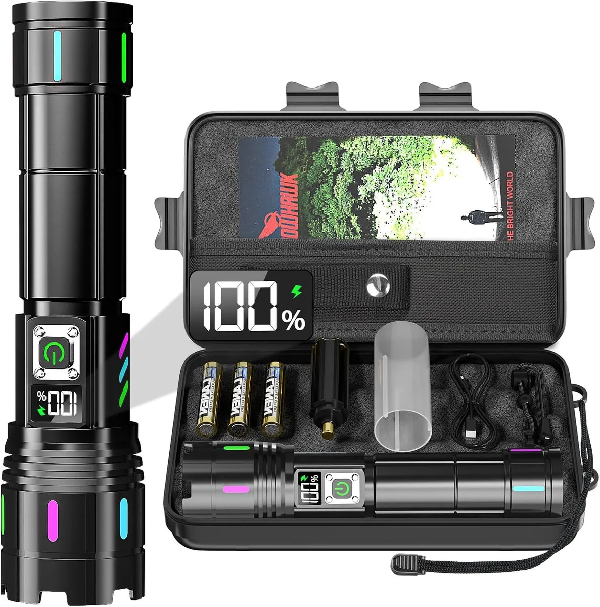 Black cylindrical flashlight with LCD display and USB-C port