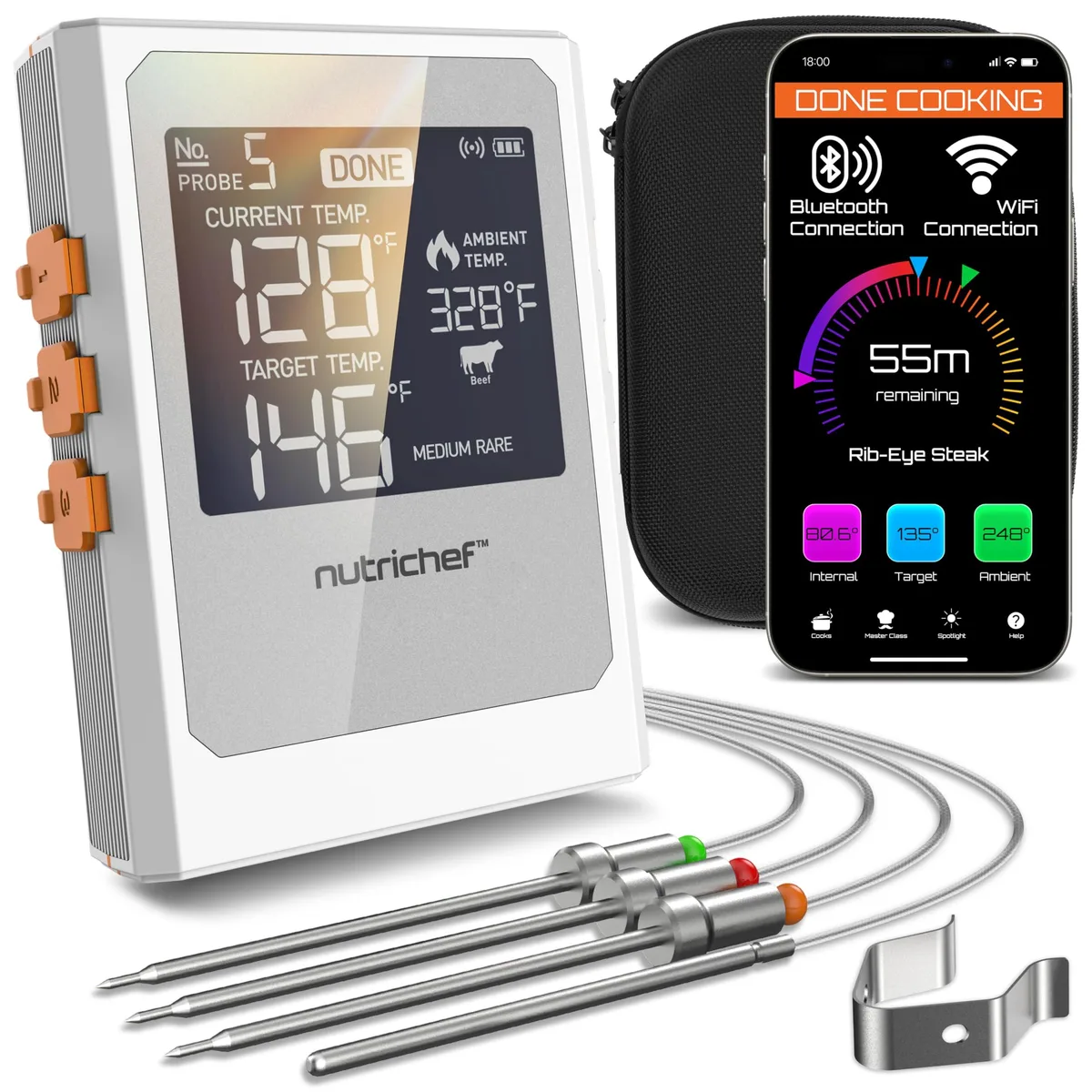 Pyle Nutrichef wireless meat thermometer with two stainless steel probes and digital display