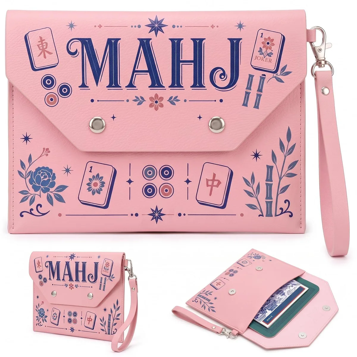  Mahjong Card Holder 8 x 5.8 Inch Magnetic Snap Case Pink — product photo