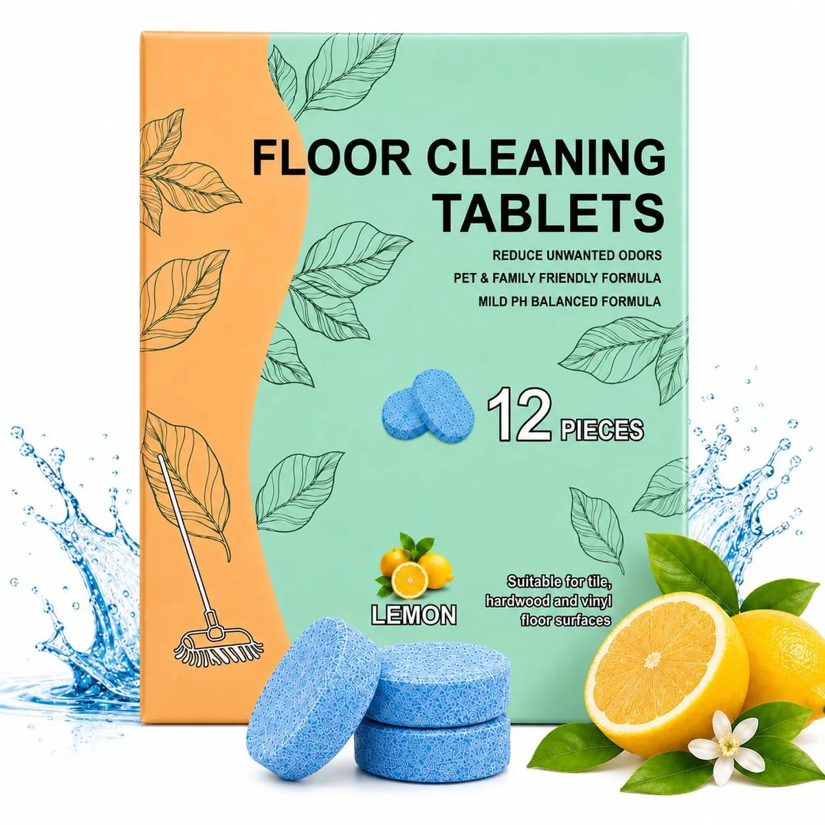 Box of twelve lemon-scented floor cleaning tablets