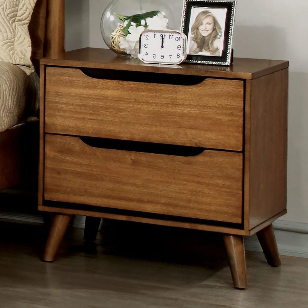 tuphen tuphen 1pc Nightstand Oak Solid Wood 2-Drawers 24H 23W 17D — product photo