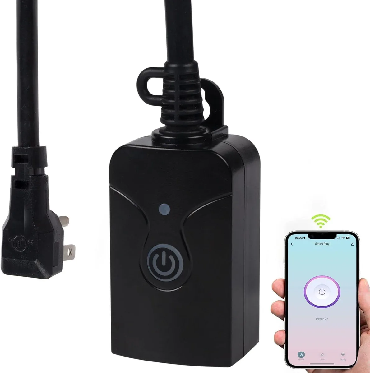 Black & Decker outdoor smart Wi-Fi plug, compact white rectangular block with single grounded outlet