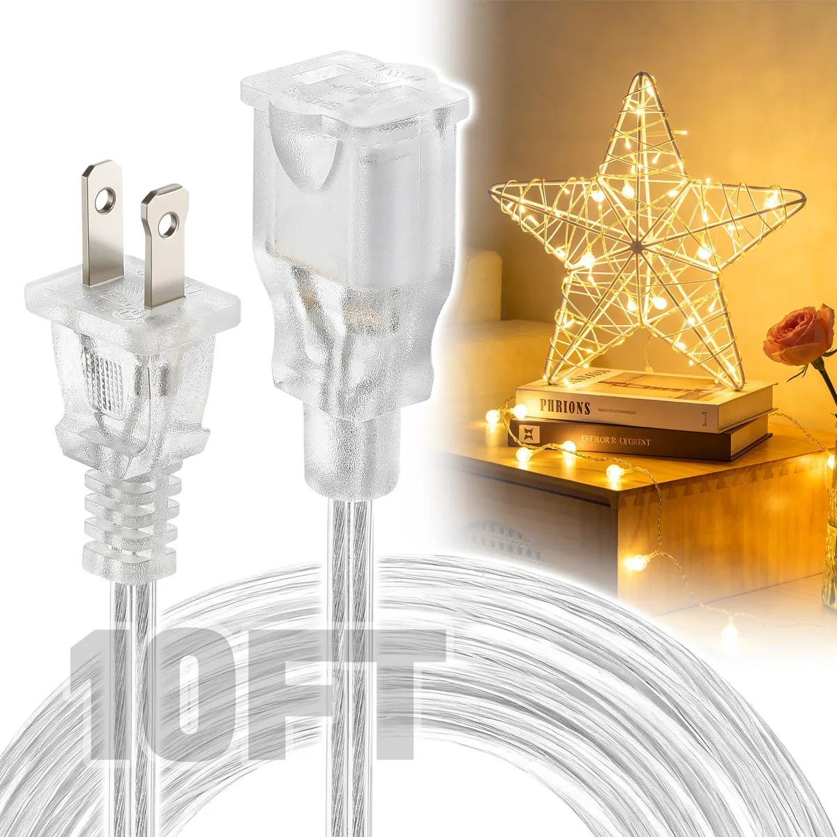 Transparent 10ft two-prong extension cord with clear plastic jacket and male-to-female ends