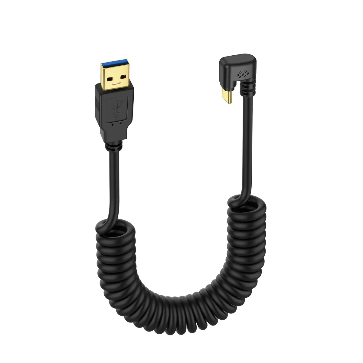 A copper coloured coiled USB C cable with a 90 degree connector