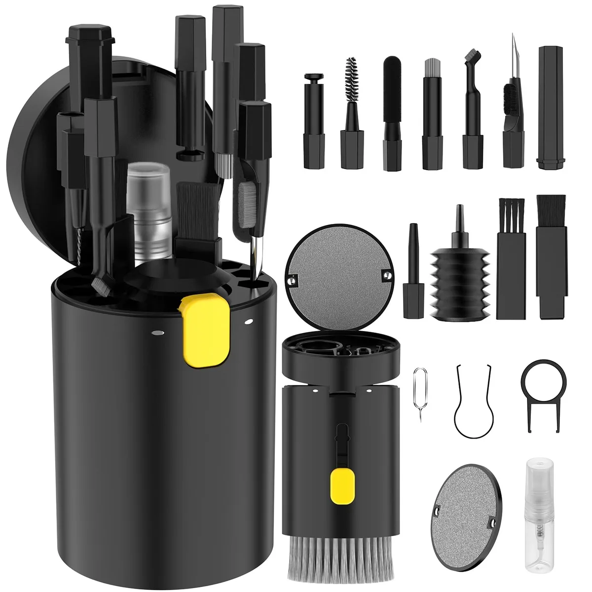 Black 20-in-1 electronic cleaning kit with brushes, air blower, spray bottle and extension handle
