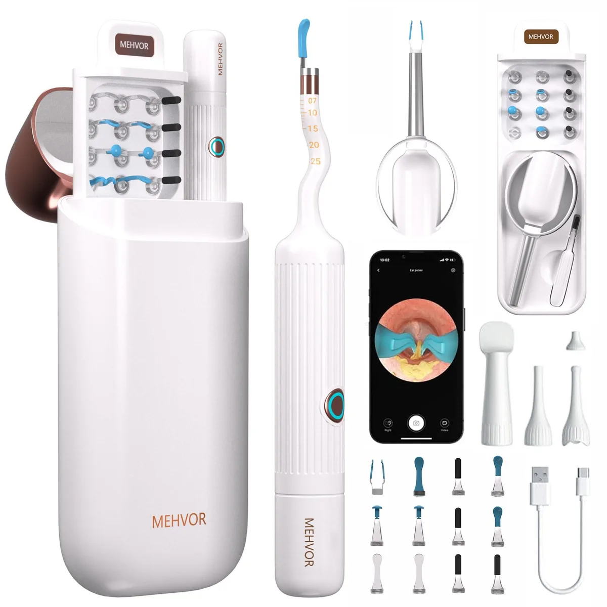 White ear care camera with flexible silicone lens and multiple scoop and tweezer attachments