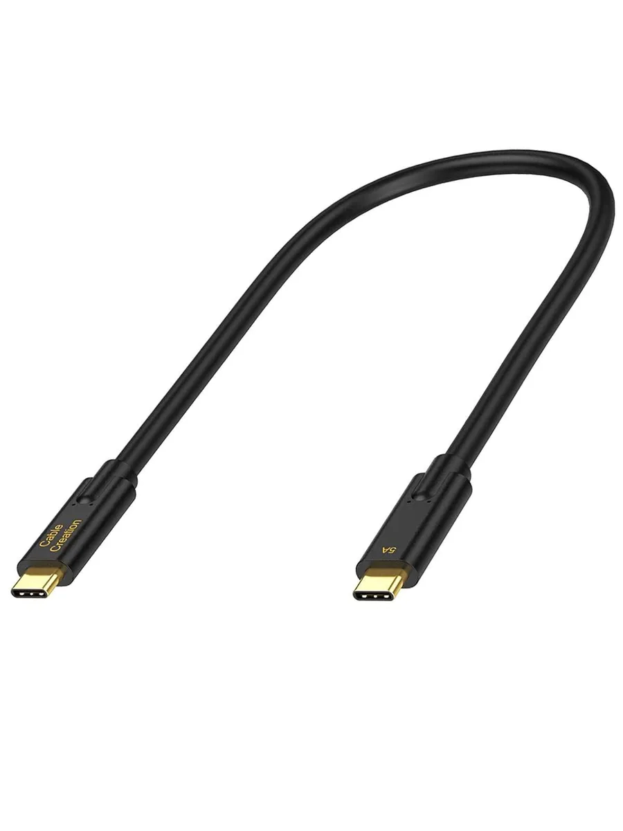 Short black USB-C cable with male connectors on both ends, .3 metre length