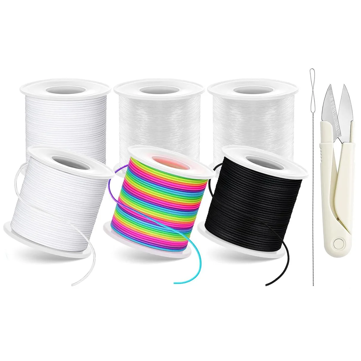 Six rolls of stretch cord in black, white, rainbow and clear with scissors and a needle threader