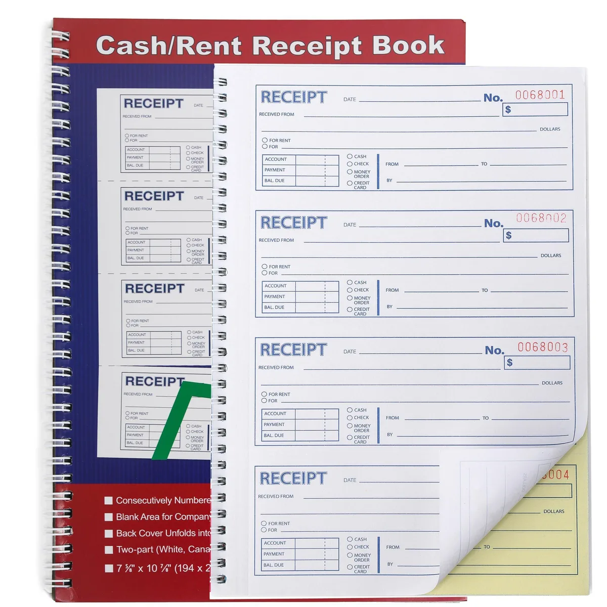 Spiral-bound carbonless receipt book, 21.8 by 28.4 cm, white and yellow pages