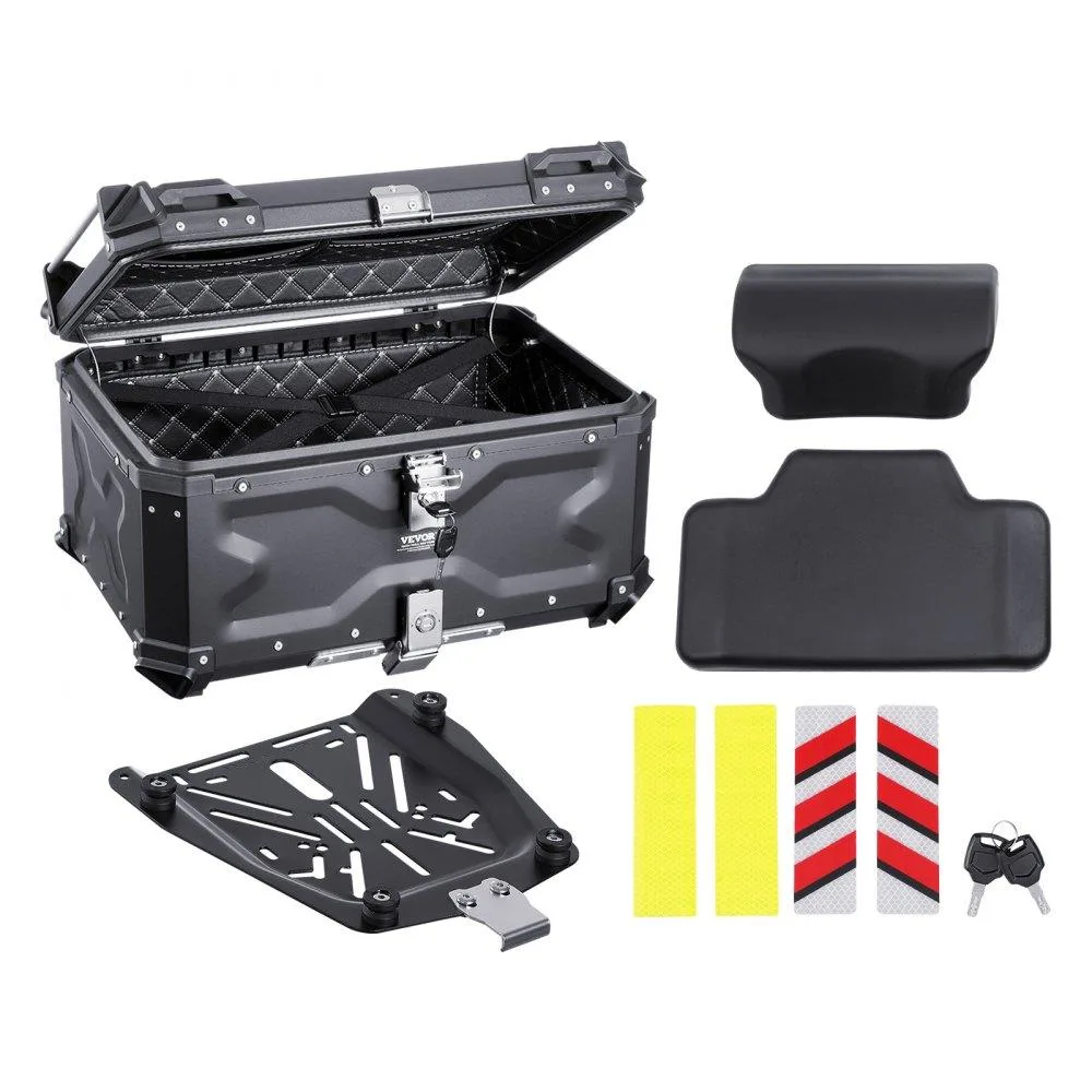 Black aluminium motorcycle top case, rectangular with leather lining and backrests
