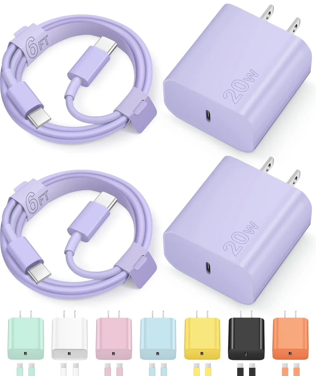 Compact purple USB-C wall charger with six-foot cable attached
