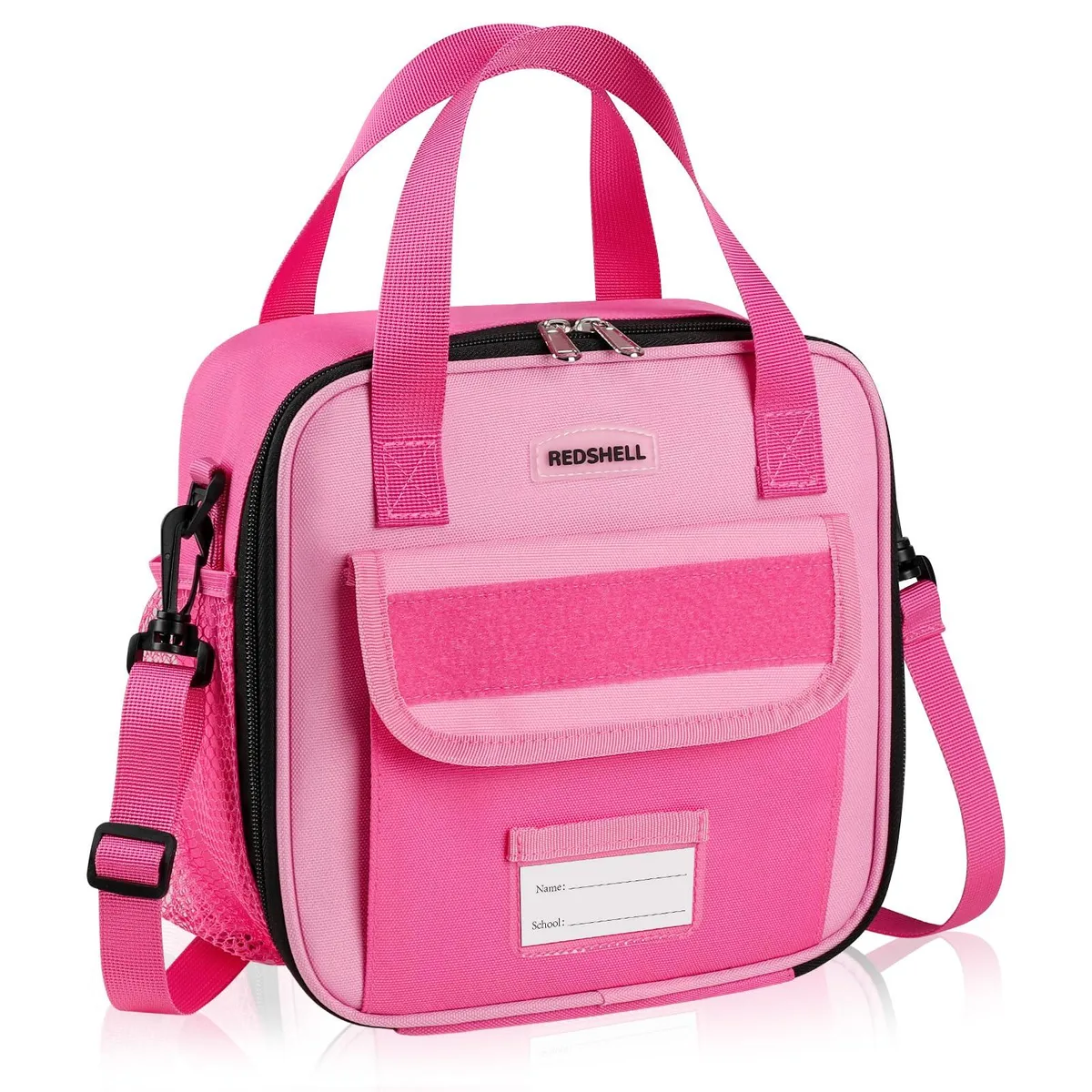 Rose red insulated lunch bag with adjustable shoulder strap and front patch panel