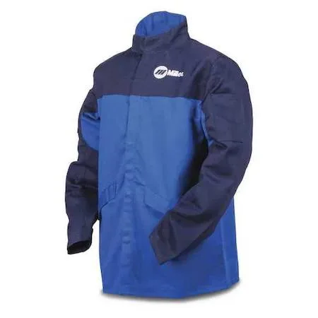 Blue welding jacket, 30 inch length, snap front, stand-up collar, slash pockets, fold-in sleeve snaps, pre-shrunk fabric