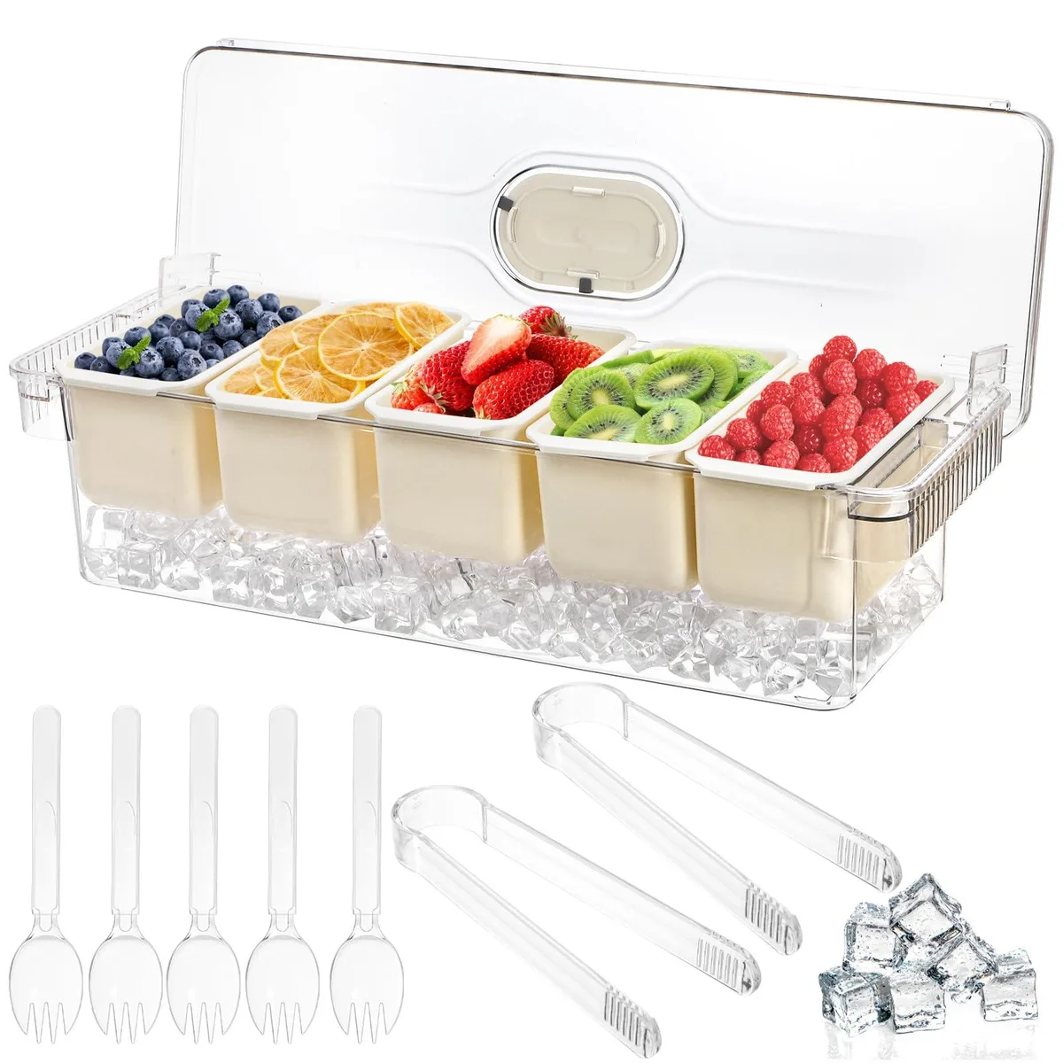 DNBeffulgent DNBeffulgent 5-Compartment Chilled Condiment Server with Lid, 16.75x5.5x4.5 in, Clear, 10 pcs — product photo