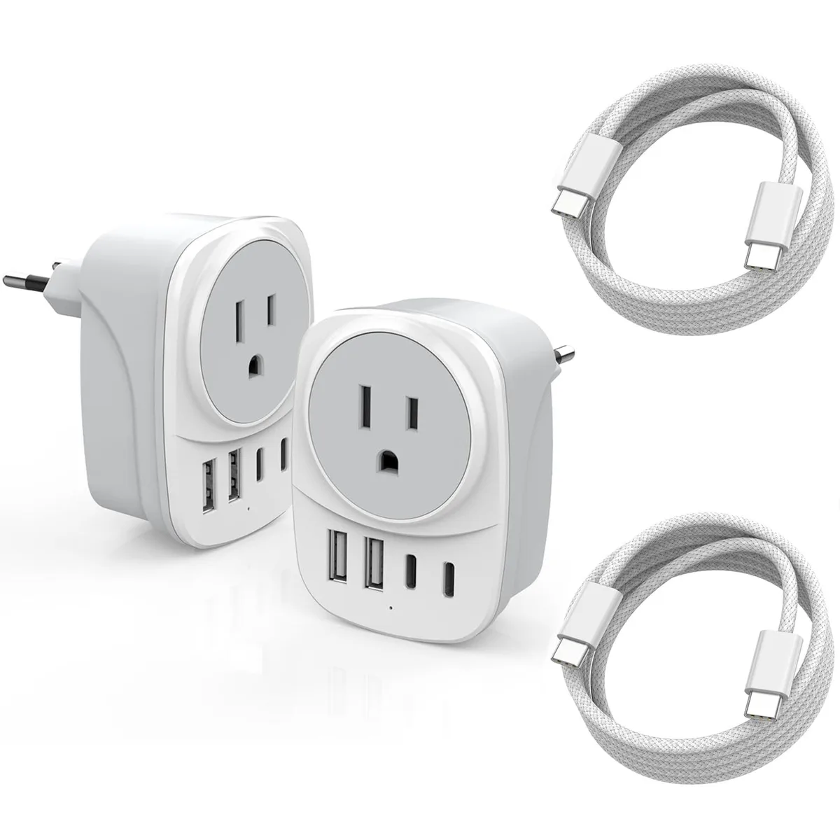 Two white travel adapters with two USB-C and two USB-A ports each, plus woven USB-C cables