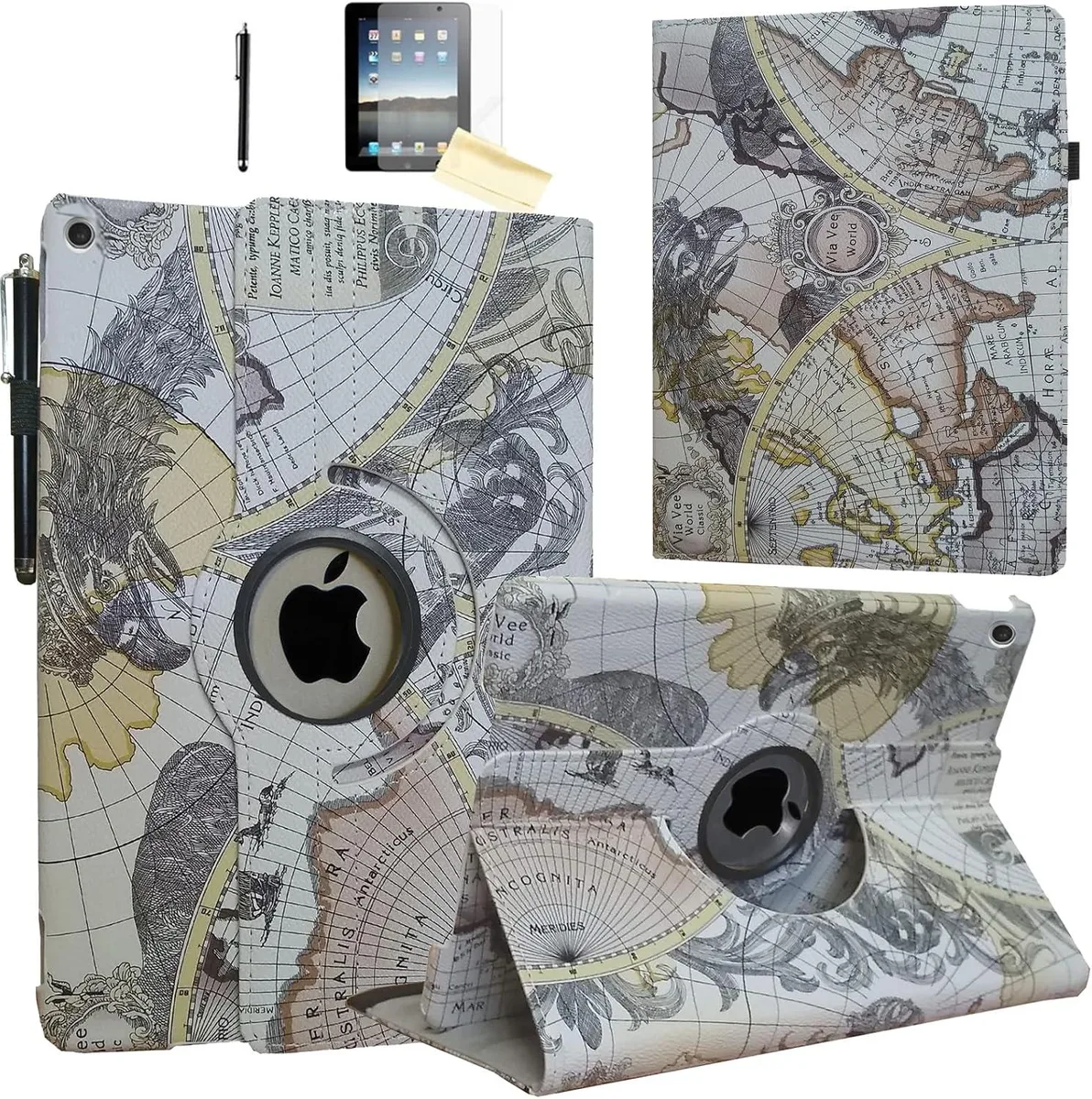 Kootion 10.2 inch iPad folio case with rotating stand, textured synthetic leather exterior, stylus and screen protector included