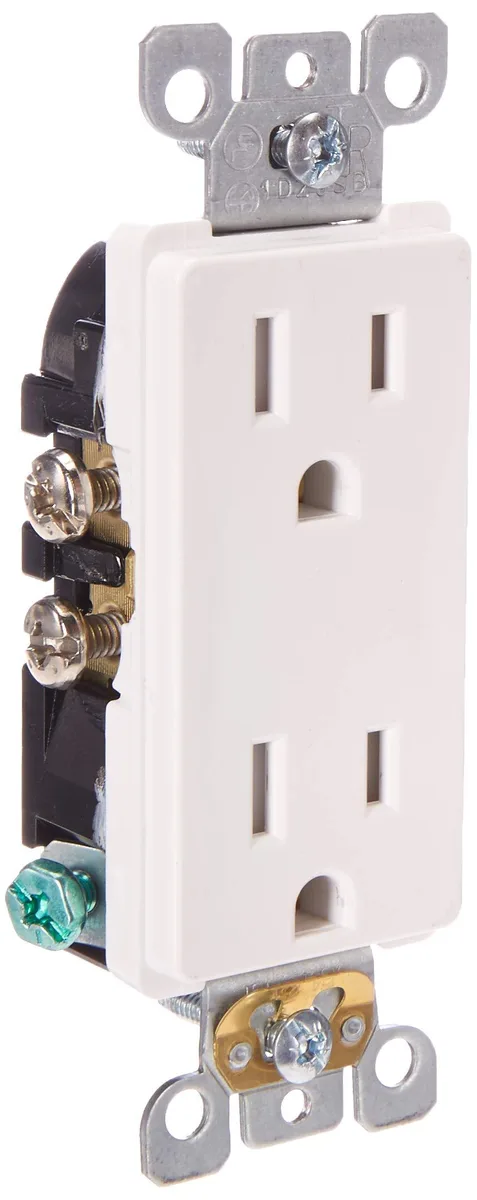White tamper-resistant duplex receptacle with shutter mechanism, self-grounding, straight blade design