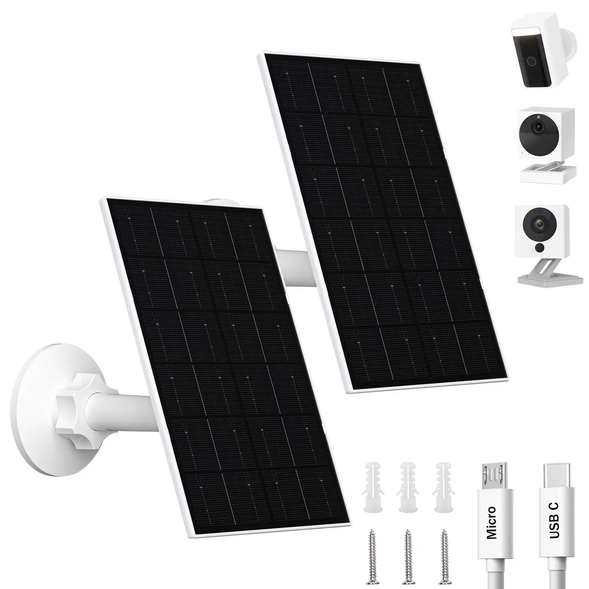 Two flat rectangular solar panels with adjustable mounts and long cables