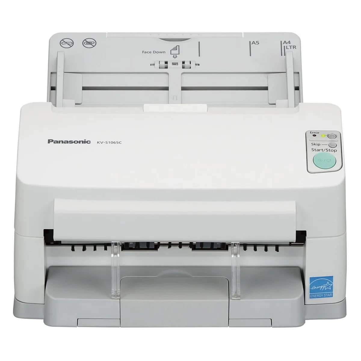 Compact grey Panasonic sheetfed scanner with 75-sheet ADF tray and front output slot